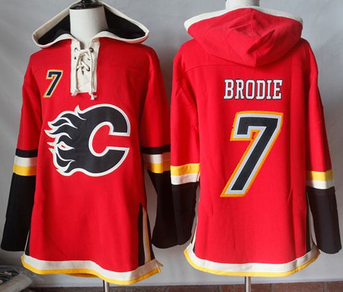Flames #7 TJ Brodie Red Sawyer Hooded Sweatshirt Stitched NHL Jersey - Click Image to Close